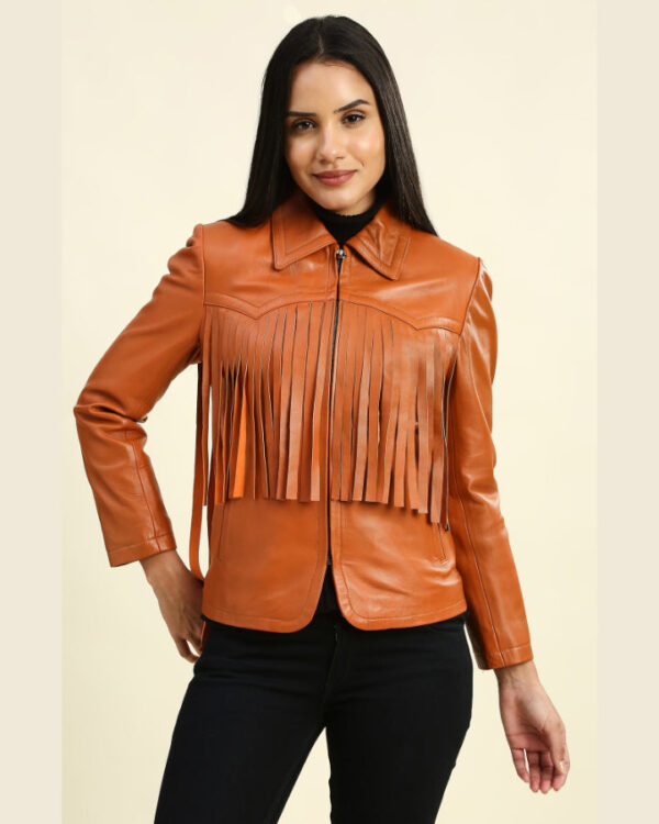 Lydia Tan Biker Leather Jacket with Fringes