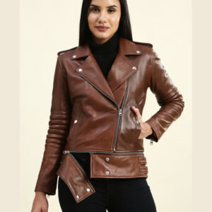 Kiara Brown Motorcycle Leather Jacket with Adjustable Length