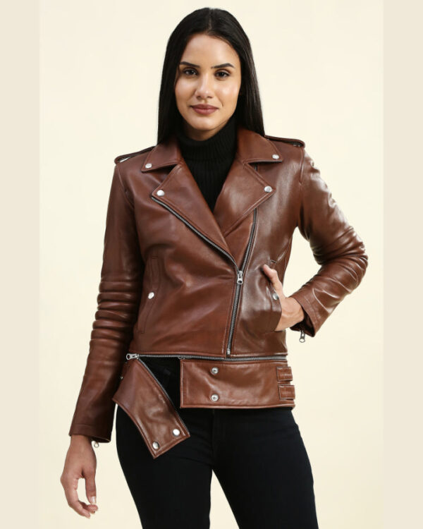 Kiara Brown Motorcycle Leather Jacket with Adjustable Length