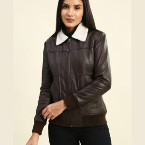 Emma Brown Bomber Leather Jacket with Fur Collar