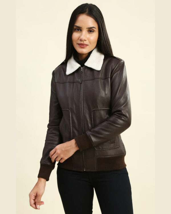 Emma Brown Bomber Leather Jacket with Fur Collar