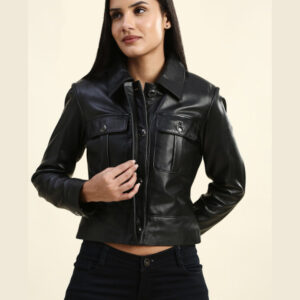 Soraya Black Cropped Racer Leather Jacket