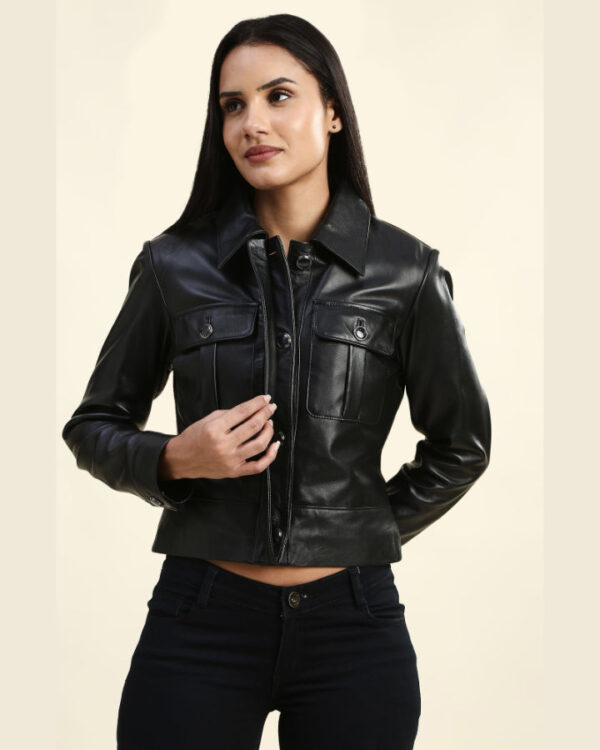 Soraya Black Cropped Racer Leather Jacket