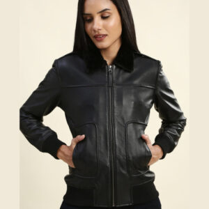 Adah Black Bomber Leather Jacket with Fur Collar