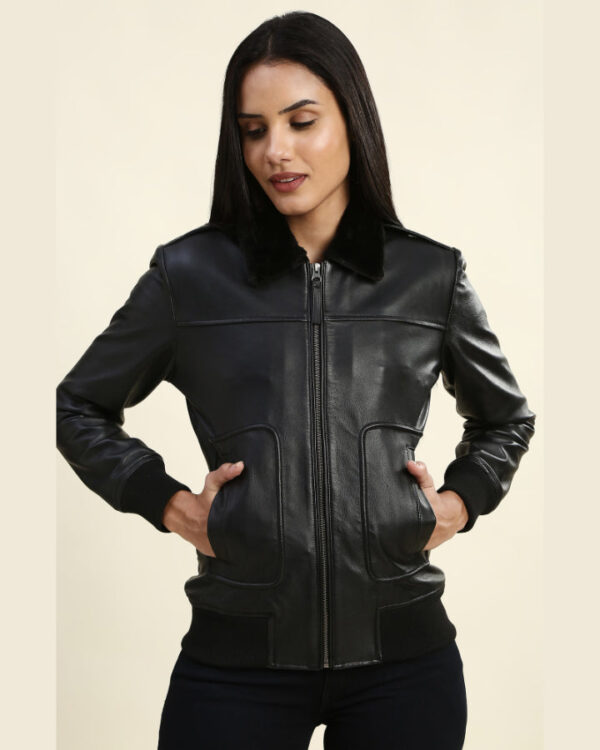 Adah Black Bomber Leather Jacket with Fur Collar