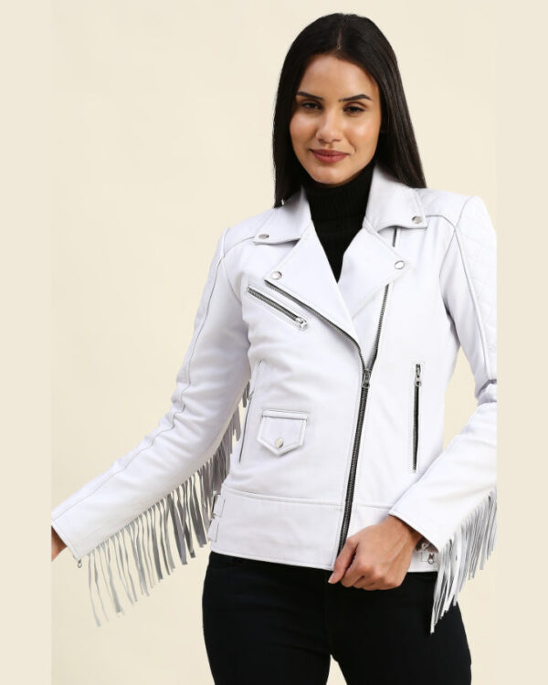 Bella White Motorcycle Fringe Leather Jacket