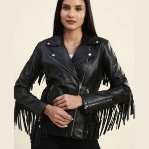 Calista Black Biker Fringes Leather Jacket