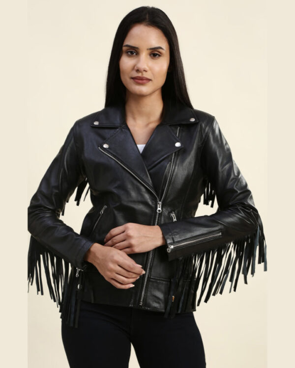 Calista Black Biker Fringes Leather Jacket