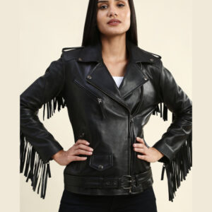 Eloise Black Biker Fringe Leather Jacket