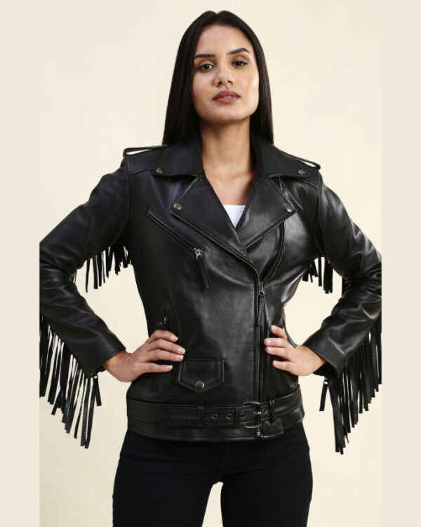 Eloise Black Biker Fringe Leather Jacket