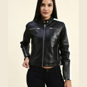 Mabel Black & White Cropped Racer Leather Jacket