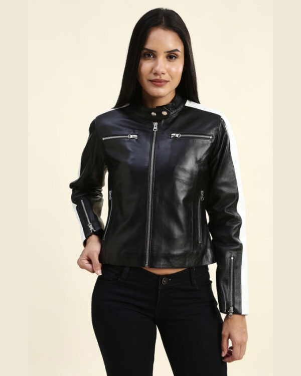 Mabel Black & White Cropped Racer Leather Jacket