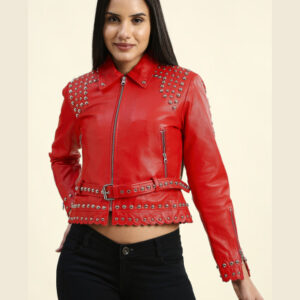 Zoey Red Cropped Studded Leather Jacket