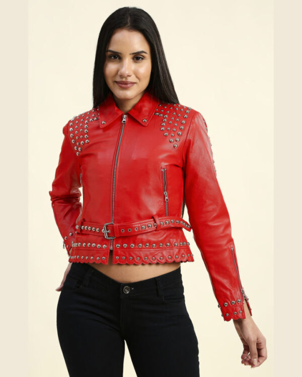 Zoey Red Cropped Studded Leather Jacket