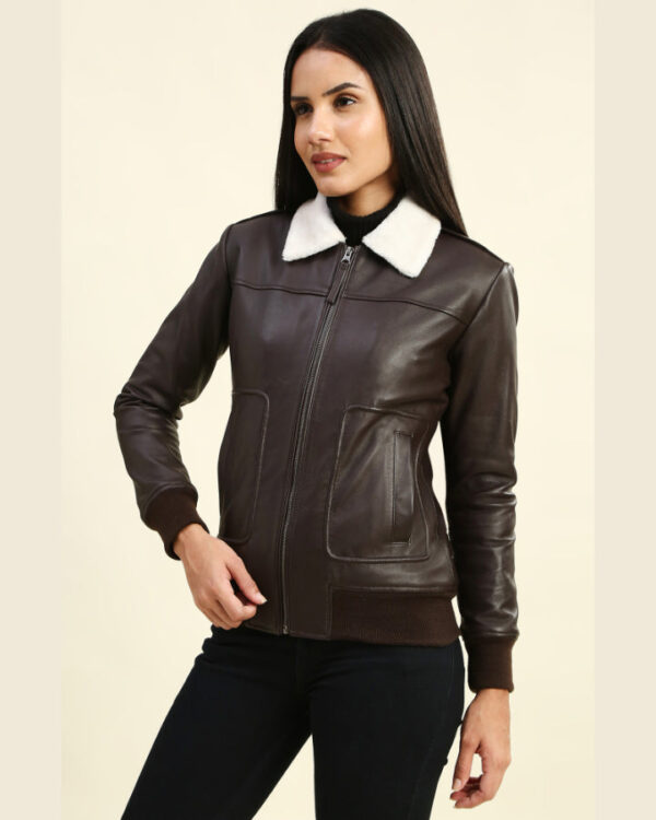 Emma Brown Bomber Leather Jacket with Fur Collar