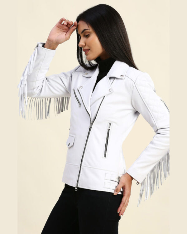 Bella White Motorcycle Fringe Leather Jacket