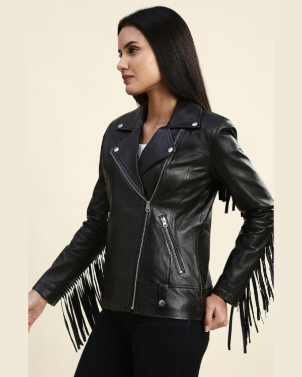 Calista Black Biker Fringes Leather Jacket