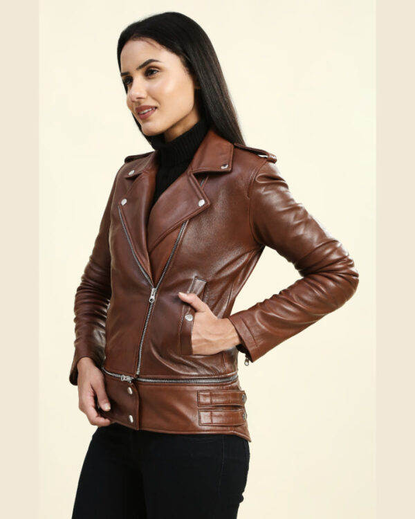 Kiara Brown Motorcycle Leather Jacket with Adjustable Length