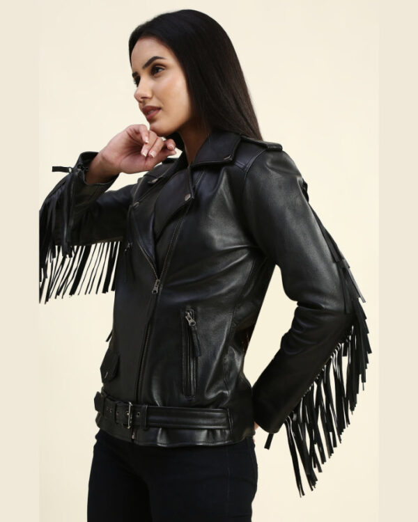 Eloise Black Biker Fringe Leather Jacket