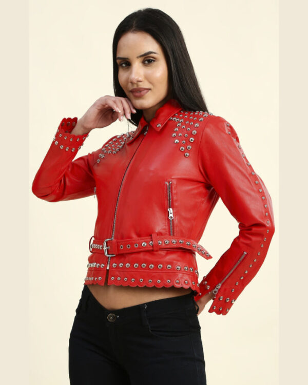 Zoey Red Cropped Studded Leather Jacket