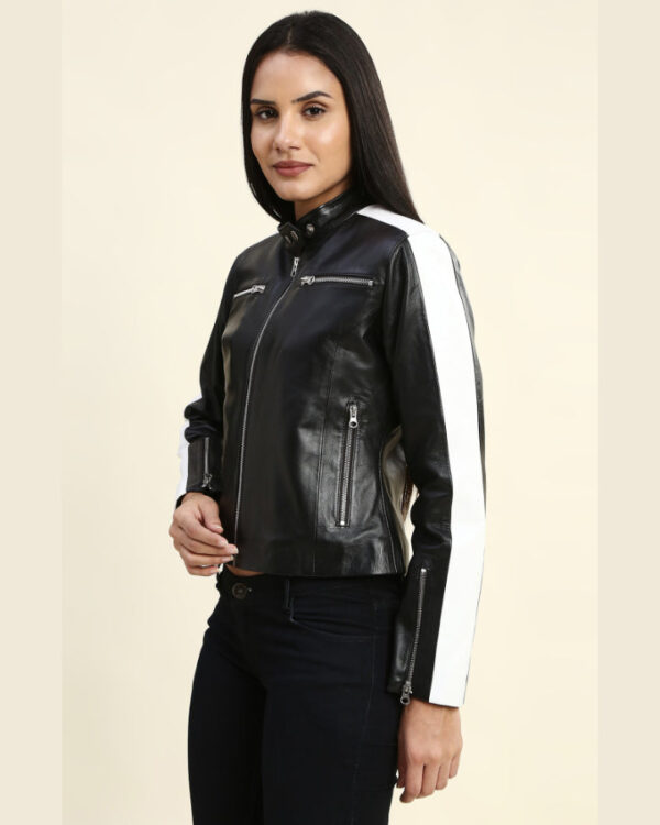 Mabel Black & White Cropped Racer Leather Jacket