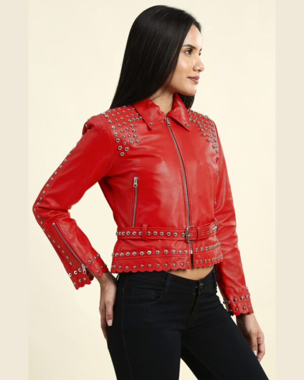 Zoey Red Cropped Studded Leather Jacket