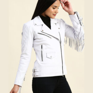 Bella White Motorcycle Fringe Leather Jacket