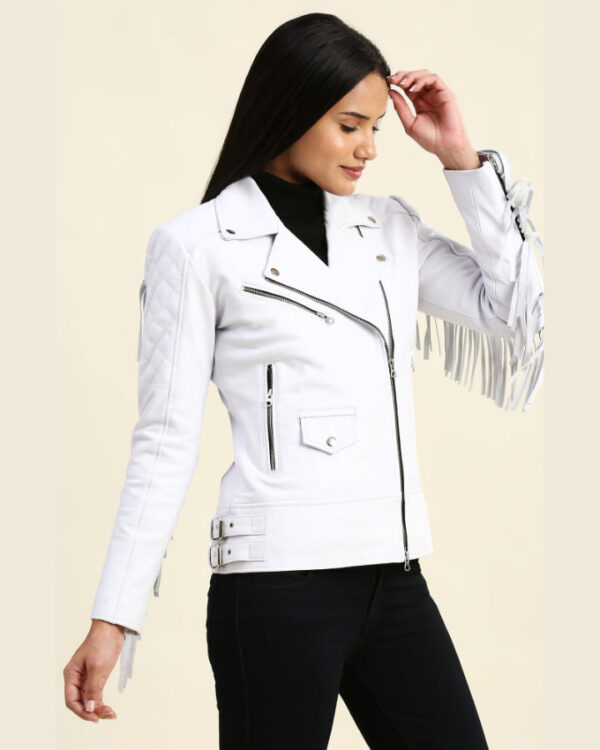 Bella White Motorcycle Fringe Leather Jacket