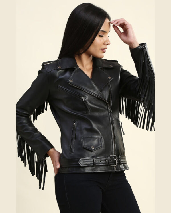 Eloise Black Biker Fringe Leather Jacket