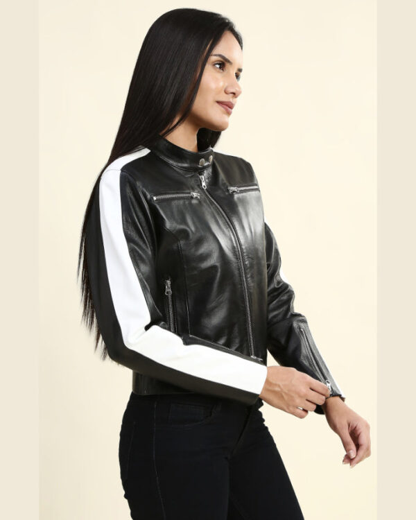 Mabel Black & White Cropped Racer Leather Jacket