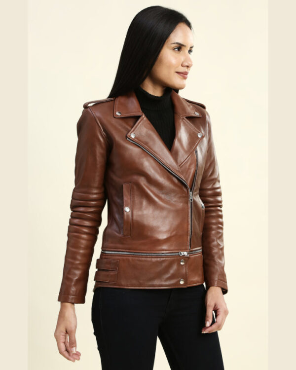 Kiara Brown Motorcycle Leather Jacket with Adjustable Length