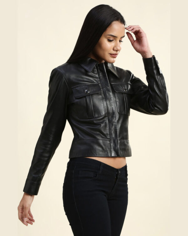 Soraya Black Cropped Racer Leather Jacket