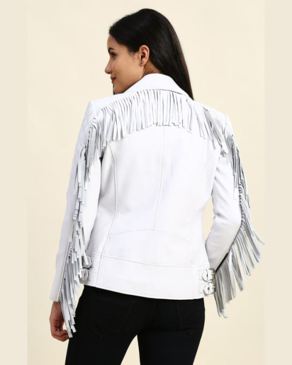 Bella White Motorcycle Fringe Leather Jacket