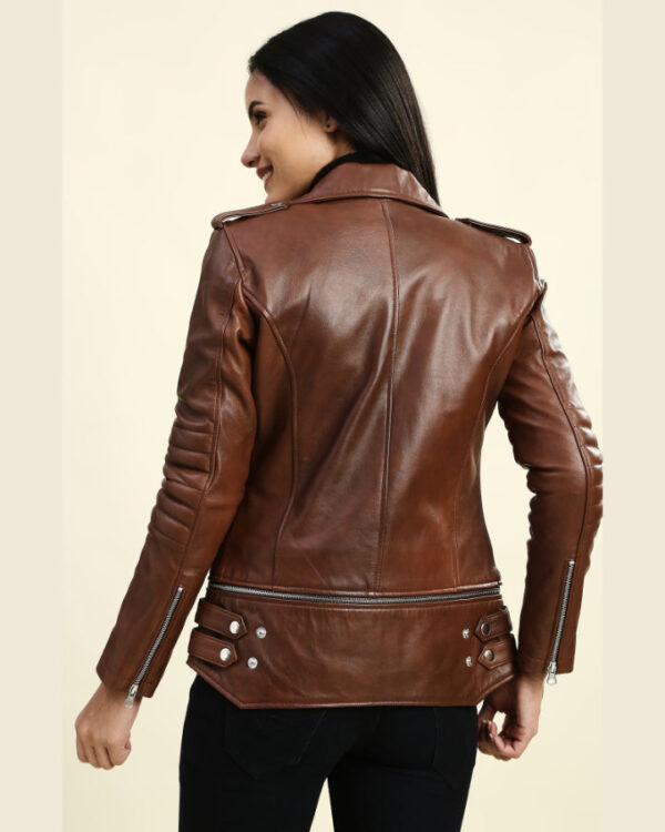 Kiara Brown Motorcycle Leather Jacket with Adjustable Length