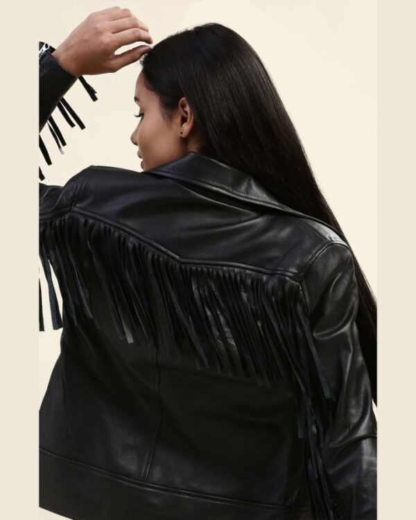 Calista Black Biker Fringes Leather Jacket