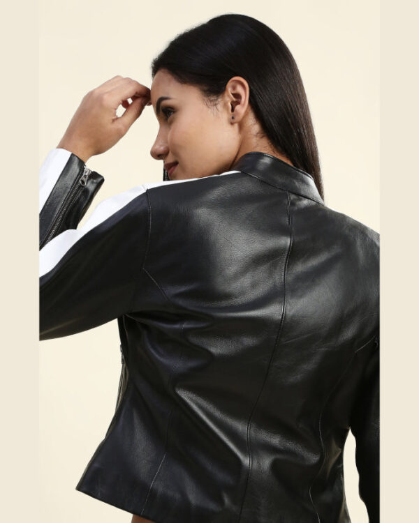 Mabel Black & White Cropped Racer Leather Jacket