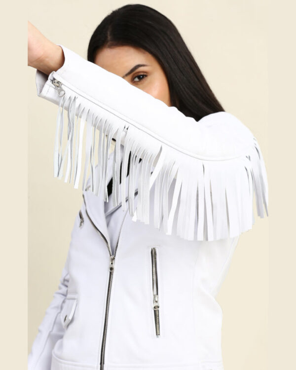 Bella White Motorcycle Fringe Leather Jacket