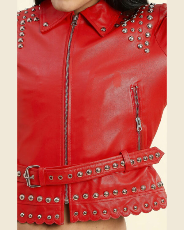 Zoey Red Cropped Studded Leather Jacket