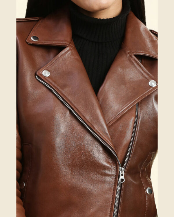 Kiara Brown Motorcycle Leather Jacket with Adjustable Length