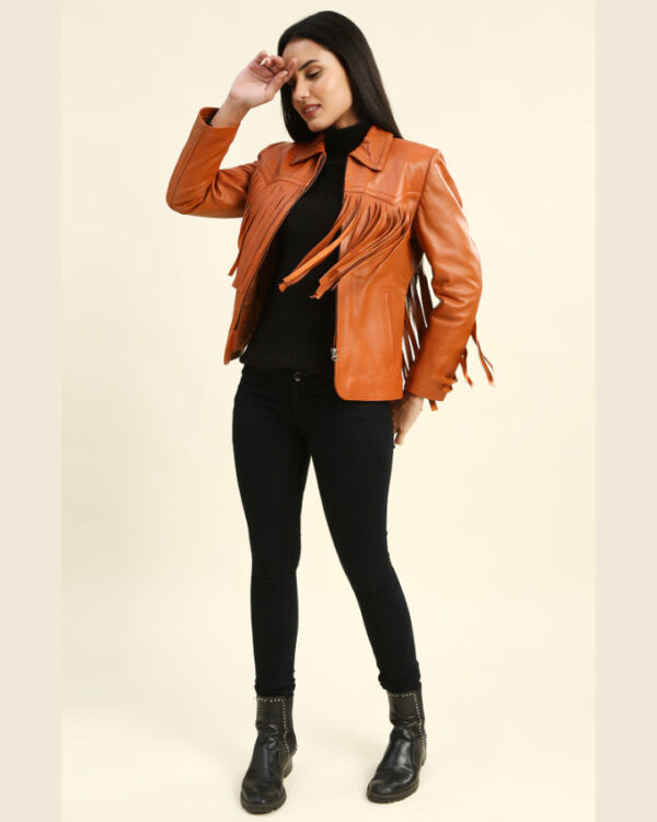 Lydia Tan Biker Leather Jacket with Fringes