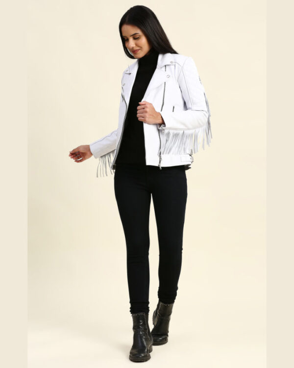 Bella White Motorcycle Fringe Leather Jacket