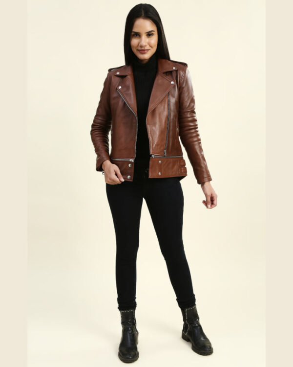 Kiara Brown Motorcycle Leather Jacket with Adjustable Length