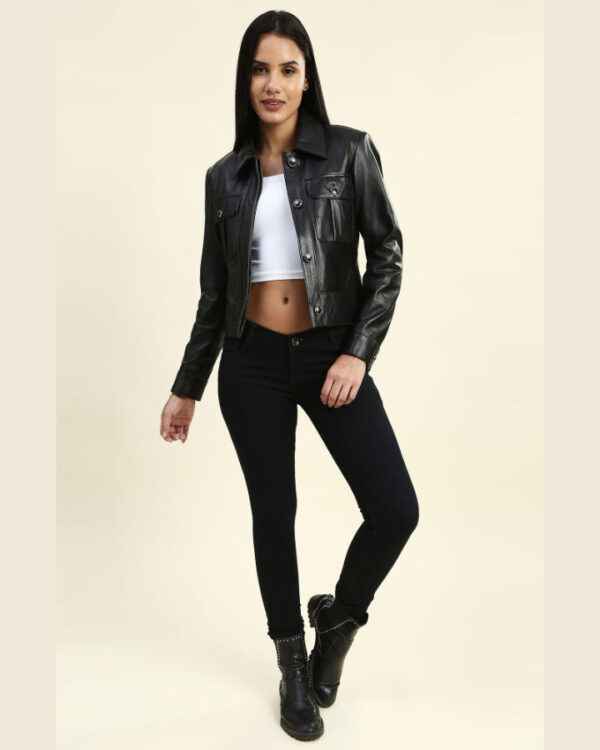 Soraya Black Cropped Racer Leather Jacket