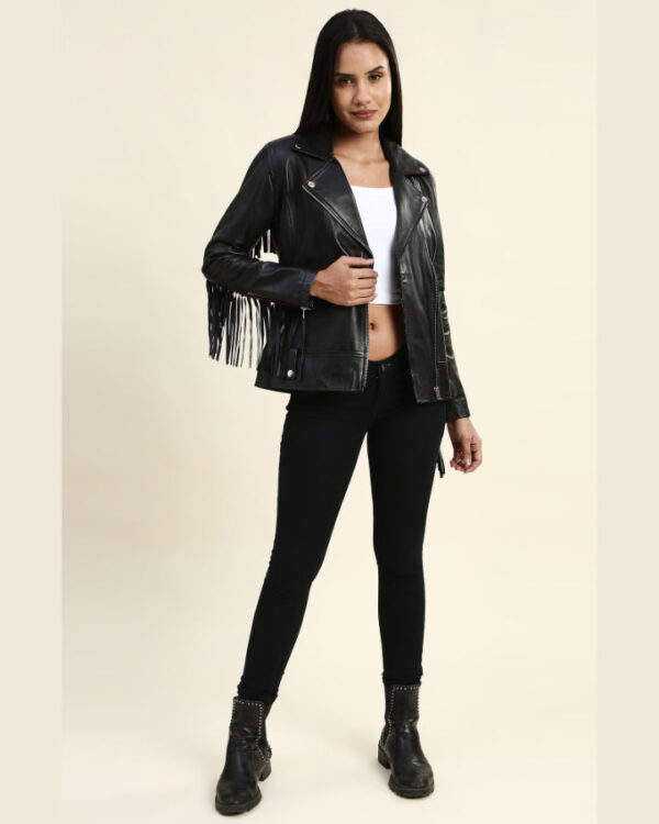 Calista Black Biker Fringes Leather Jacket