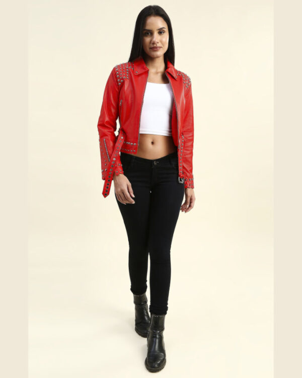 Zoey Red Cropped Studded Leather Jacket