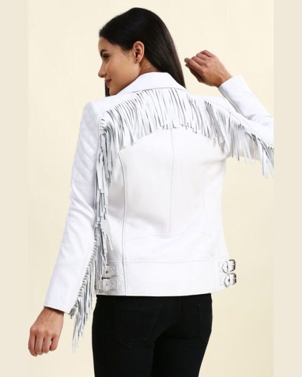 Bella White Motorcycle Fringe Leather Jacket