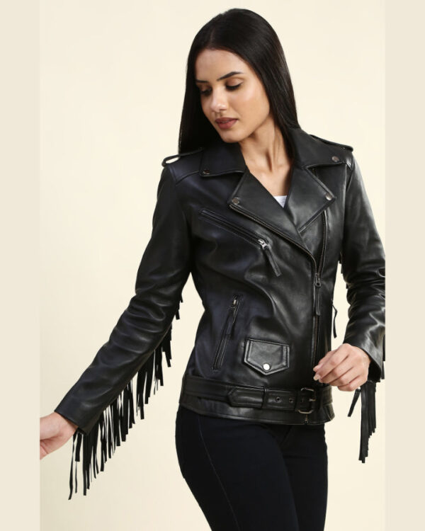 Eloise Black Biker Fringe Leather Jacket