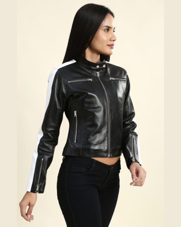 Mabel Black & White Cropped Racer Leather Jacket