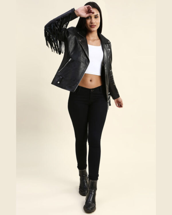 Calista Black Biker Fringes Leather Jacket