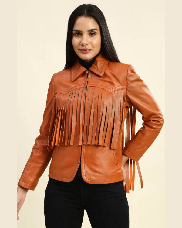 Lydia Tan Biker Leather Jacket with Fringes